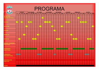 PROGRAMA
2 9 16 23 30 6 13 20 27 4 11 18 25 1 8 15 29 6 13 20 3 10 17 24 31 7 14 21 28 7 14 21 28
3 4
AUGUST SEPTEMBER OCTOBER NOVEMBER DECEMBER JANUARY FEBRUARY MARCH
RUNNING WITH BALL
9-10-11s
3 2 5 4 6 2 4 3 5 6 1 3
1 4 2 1 3
PASSING
SHOOTING
3
1 4 3
HEADING
DRIBBLING 1 4 3
1 3 6 5 4 2 1 3 1
DRIBBLING
RECEVING
SPECIFIC TECHNIQUESPECIFIC TECHNIQUE
PRACTICES
POSSESSION
DIRECTIONAL
POSSESSION
NON DIRECTIONAL
GAMES
GAME RELATED
PRACTICE
 