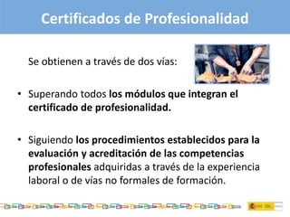 Certificados de Profesionalidad
Se obtienen a través de dos vías:
• Superando todos los módulos que integran el
certificado de profesionalidad.
• Siguiendo los procedimientos establecidos para la
evaluación y acreditación de las competencias
profesionales adquiridas a través de la experiencia
laboral o de vías no formales de formación.
 
