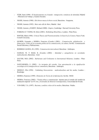 - NÄIR, Sami (1998) : El desplazamiento en el mundo : inmigración y temáticas de identidad, Madrid : Ministerio de Trabajo...