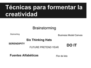 Técnicas para formentar la
creatividad

                     Brainstorming
  Brainwriting
                                       Business Model Canvas

                 Six Thinking Hats
 SERENDIPITY
                   FUTURE PRETEND YEAR
                                                DO IT

 Fuentes Alfabéticas                 Flor de loto
 