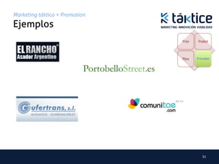 Marketing táktico > Promotion
Ejemplos	
                                Price    Product




                                Place   Promotion




                                           31	
  
 