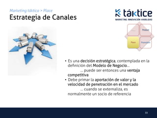 Marketing táktico > Place
Estrategia de Canales	
                                                                  Price	
      Product




                                                                  Place       Promotion	
  




                            •  Es una decisión estratégica, contemplada en la
                               deﬁnición del Modelo de Negocio…
                                      … puede ser entonces una ventaja
                               competitiva
                            •  Debe primar la aportación de valor y la
                               velocidad de penetración en el mercado
                                      … cuando se externaliza, es
                               normalmente un socio de referencia



                                                                                   33	
  
 