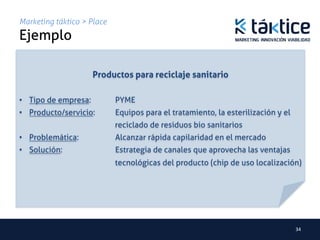 Marketing táktico > Place
Ejemplo	
                                              	
                                              	
                           Productos para reciclaje sanitario	
	
•  Tipo de empresa: 	
           	
PYME	
•  Producto/servicio: 	
         	
Equipos para el tratamiento, la esterilización y el
     	
     	
   	
   	
    	
   	
reciclado de residuos bio sanitarios	
•  Problemática: 	
         	
   	
Alcanzar rápida capilaridad en el mercado	
•  Solución: 	
       	
    	
   	
Estrategia de canales que aprovecha las ventajas
     	
     	
   	
   	
    	
   	
tecnológicas del producto (chip de uso localización)
     	
	
	




                                                                                         34	
  
 