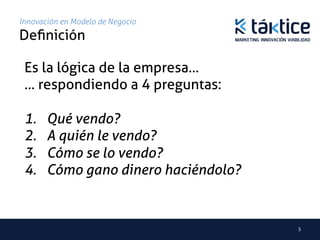 Innovación en Modelo de Negocio
Deﬁnición	

 Es la lógica de la empresa… 	
 … respondiendo a 4 preguntas:	
 	
 1.  Qué vendo?	
 2.  A quién le vendo?	
 3.  Cómo se lo vendo?	
 4.  Cómo gano dinero haciéndolo? 	
  


                                         5	
  
 