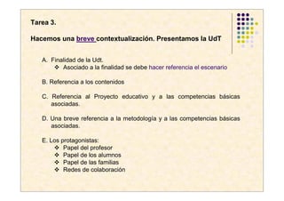 Tarea 3.

Hacemos una breve contextualización. Presentamos la UdT


   A. Finalidad de la Udt.
          Asociado a la finalidad se debe hacer referencia el escenario

   B. Referencia a los contenidos

   C. Referencia al Proyecto educativo y a las competencias básicas
      asociadas.

   D. Una breve referencia a la metodología y a las competencias básicas
      asociadas.

   E. Los protagonistas:
           Papel del profesor
           Papel de los alumnos
           Papel de las familias
           Redes de colaboración
 