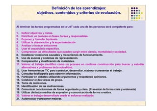 Definición de los aprendizajes:
                 objetivos, contenidos y criterios de evaluación.


Al terminar las tareas programadas en la UdT cada una de las personas será competente para:

1.    Definir objetivos y metas.
2.    Distribuir un proceso en fases, tareas y responsables.
3.    Exponer y formular hipótesis.
4.    Utilizar la observación y la experimentación
5.    Analizar y buscar soluciones
6.    Usar el vocabulario específico.
7.    Comprender las dificultades que pueden surgir entre ciencia, mentalidad y sociedad.
8.    Establecer relaciones causales y mecanismos de funcionamiento.
9.    Uso de escalas y sistemas de representación.
10.   Comparación y clasificación de materiales.
11.   Valorar el trabajo científico como un proceso en continua construcción para buscar y estudiar
      alternativas a problemas de la actualidad.
12.   Usar herramientas TIC para consultar, desarrollar, elaborar y presentar el trabajo.
13.   Consultar bibliografía para obtener información.
14.   Participar en debates utilizando argumentos y respetando opiniones.
15.   Colaborar en las tareas de grupo.
16.   Toma de decisiones.
17.   Identificación de las motivaciones.
18.   Comunicar conclusiones de forma organizada y clara. (Presentar de forma clara y ordenada)
19.   Utilizar distintos medios de expresión y comunicación de forma creativa.
20.   Valorar el trabajo desarrollado desde el esfuerzo realizado.
21.   Autoevaluar y proponer mejoras.
 