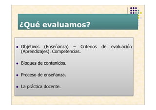 ¿Qué evaluamos?

Objetivos (Enseñanza) – Criterios   de   evaluación
(Aprendizajes). Competencias.

Bloques de contenidos.

Proceso de enseñanza.

La práctica docente.
 