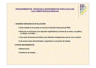 PROCEDIMIENTOS, TÉCNICAS E INSTRUMENTOS PARA EVALUAR
             LAS COMPETENCIAS BÁSICAS




DISEÑAR UNIDADES DE EVALUACIÓN

    Este modelo lo ha puesto en marcha el Estudio Internacional PISA

    Parte de un escenario (una situación significativa) a través de un texto, un gráfico,
    un dibujo, una tabla ….

    Una serie de tareas asociados a las distintas competencias que se van a evaluar.

    Las tareas serán diversificadas y siguiendo un proyecto de trabajo.

OTROS INSTRUMENTOS

    Observación

    Cuaderno de trabajo ….
 