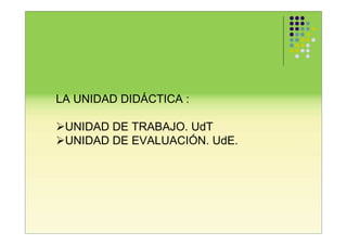 LA UNIDAD DIDÁCTICA :

 UNIDAD DE TRABAJO. UdT
 UNIDAD DE EVALUACIÓN. UdE.
 