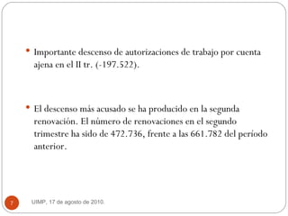 Importante descenso de autorizaciones de trabajo por cuenta ajena en el II tr. (-197.522).  El descenso más acusado se ha producido en la segunda renovación. El número de renovaciones en el segundo trimestre ha sido de 472.736, frente a las 661.782 del período anterior.  UIMP, 17 de agosto de 2010.  