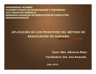 UNIVERSIDAD YACAMBÚ
VICERRECTORADO DE INVESTIGACIÓN Y POSTGRADO
DOCTORADO EN GERENCIA
SEMINARIO AVANZADO DE RESOLUCIÓN DE CONFLICTOS
ORGANIZACIONALES
APLICACIÓN DE LOS PRINCIPIOS DEL MÉTODO DE
NEGOCIACIÓN DE HARVARD
Autor: Msc. Rizzo Adrianna
APLICACIÓN DE LOS PRINCIPIOS DEL MÉTODO DE
NEGOCIACIÓN DE HARVARD
Facilitadora: Dra. Ana Alvarado
Autor: Msc. Adrianna Rizzo
Julio, 2014
 