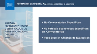ESCASA
REPRESENTATIVIDAD
CERTIFICADOS DE
PROFESIONALIDAD
ONLINE
FORMACIÓN DE OFERTA| Aspectos específicos e-Learning
 No Convocatorias Específicas
 No Partidas Económicas Específicas
en Convocatorias
 Poco peso en Criterios de Evaluación
 
