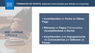 INSEGURIDAD
JURÍDICA
FORMACIÓN DE OFERTA| Aspectos transversales que afectan al e-Learning
 Incertidumbre en Fecha de Último
Pago
 Retrasos en Pagos Fraccionados,
incumpliéndose la Norma
 Incertidumbre ante Impugnaciones
de Convocatorias por Defectos de
Forma
 