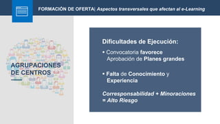 AGRUPACIONES
DE CENTROS
FORMACIÓN DE OFERTA| Aspectos transversales que afectan al e-Learning
Dificultades de Ejecución:
 Convocatoria favorece
Aprobación de Planes grandes
 Falta de Conocimiento y
Experiencia
Corresponsabilidad + Minoraciones
= Alto Riesgo
 