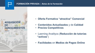 ADQUISICIÓN
DE
CONOCIMIENTOS
• Oferta Formativa “atractiva” Comercial
• Contenidos Actualizados y de Calidad
• Precios Competitivos
• Laerning Analitycs (Reducción de tutorías
“activas”)
• Facilidades en Medios de Pagos Online
FORMACIÓN PRIVADA | Retos de la Formación
 