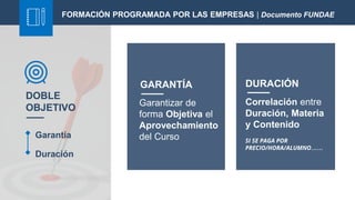 DOBLE
OBJETIVO
Garantía
Duración
Garantizar de
forma Objetiva el
Aprovechamiento
del Curso
GARANTÍA DURACIÓN
Correlación entre
Duración, Materia
y Contenido
FORMACIÓN PROGRAMADA POR LAS EMPRESAS | Documento FUNDAE
SI SE PAGA POR
PRECIO/HORA/ALUMNO……
 