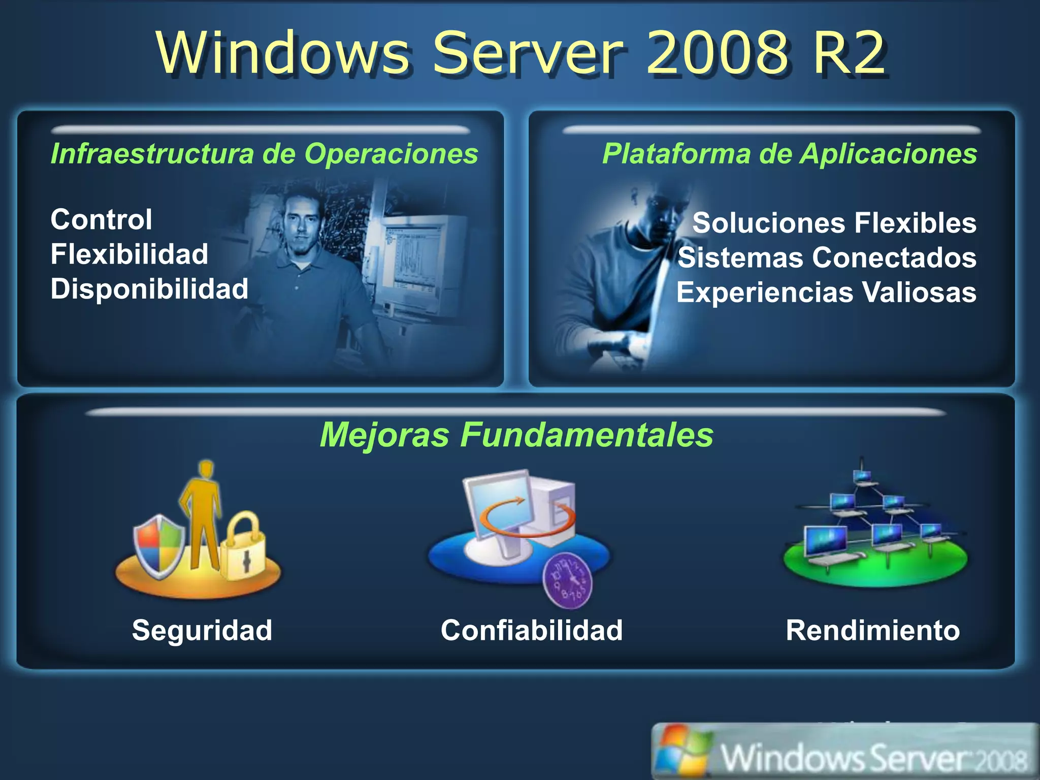 Windows Server 2008 R2
Infraestructura de Operaciones        Plataforma de Aplicaciones

Control                                     Soluciones Flexibles
Flexibilidad                               Sistemas Conectados
Disponibilidad                             Experiencias Valiosas



                  Mejoras Fundamentales




     Seguridad             Confiabilidad          Rendimiento
 