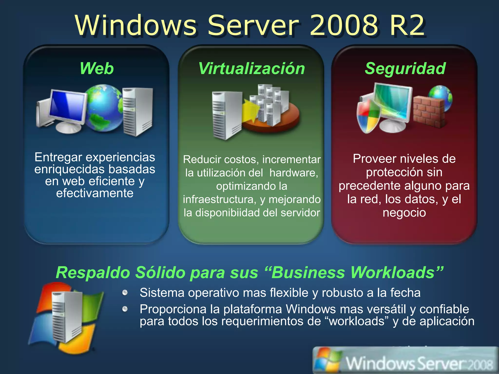 Windows Server 2008 R2
       Web                  Virtualización                   Seguridad




Entregar experiencias    Reducir costos, incrementar       Proveer niveles de
enriquecidas basadas      la utilización del hardware,        protección sin
  en web eficiente y              optimizando la         precedente alguno para
    efectivamente        infraestructura, y mejorando     la red, los datos, y el
                         la disponibiidad del servidor           negocio



   Respaldo Sólido para sus “Business Workloads”
                  Sistema operativo mas flexible y robusto a la fecha
                  Proporciona la plataforma Windows mas versátil y confiable
                  para todos los requerimientos de “workloads” y de aplicación
 