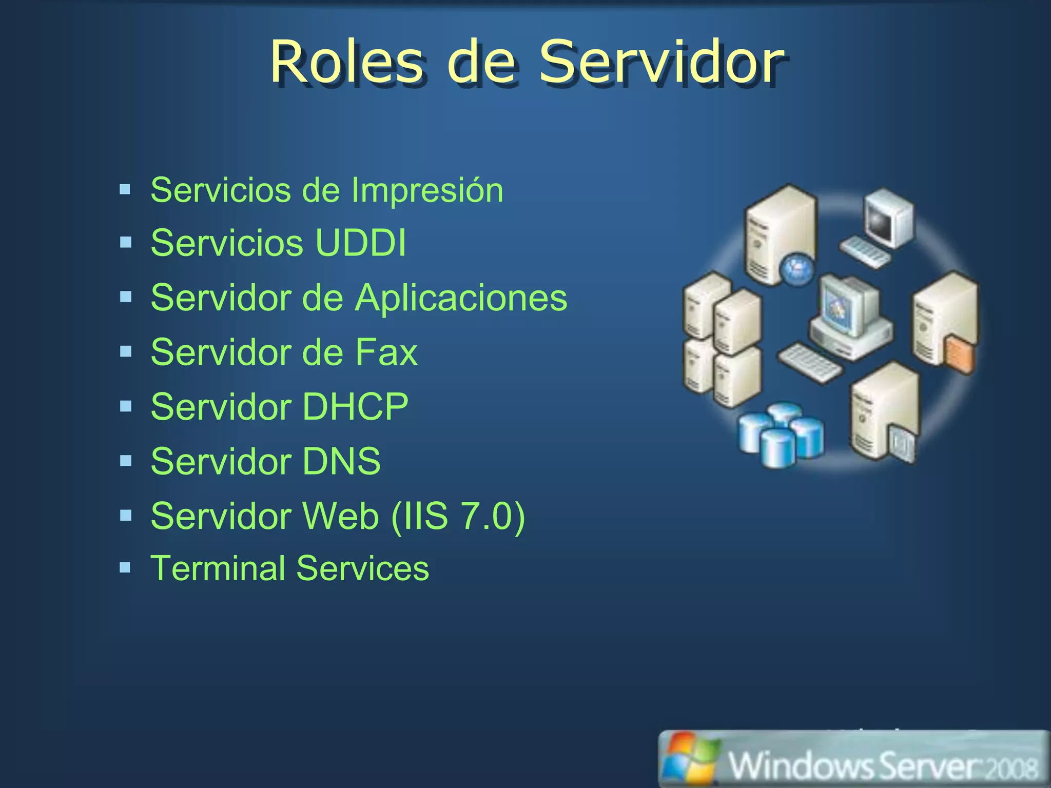 Roles de Servidor

 Servicios de Impresión
   Servicios UDDI
   Servidor de Aplicaciones
   Servidor de Fax
   Servidor DHCP
   Servidor DNS
   Servidor Web (IIS 7.0)
 Terminal Services
 