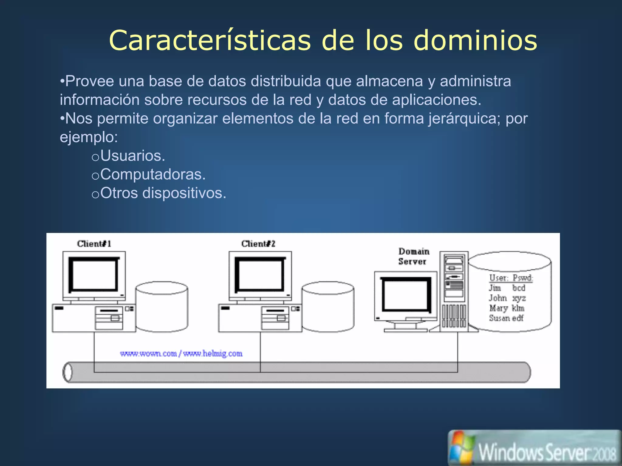 Características de los dominios
•Provee una base de datos distribuida que almacena y administra
información sobre recursos de la red y datos de aplicaciones.
•Nos permite organizar elementos de la red en forma jerárquica; por
ejemplo:
     oUsuarios.
     oComputadoras.
     oOtros dispositivos.
 