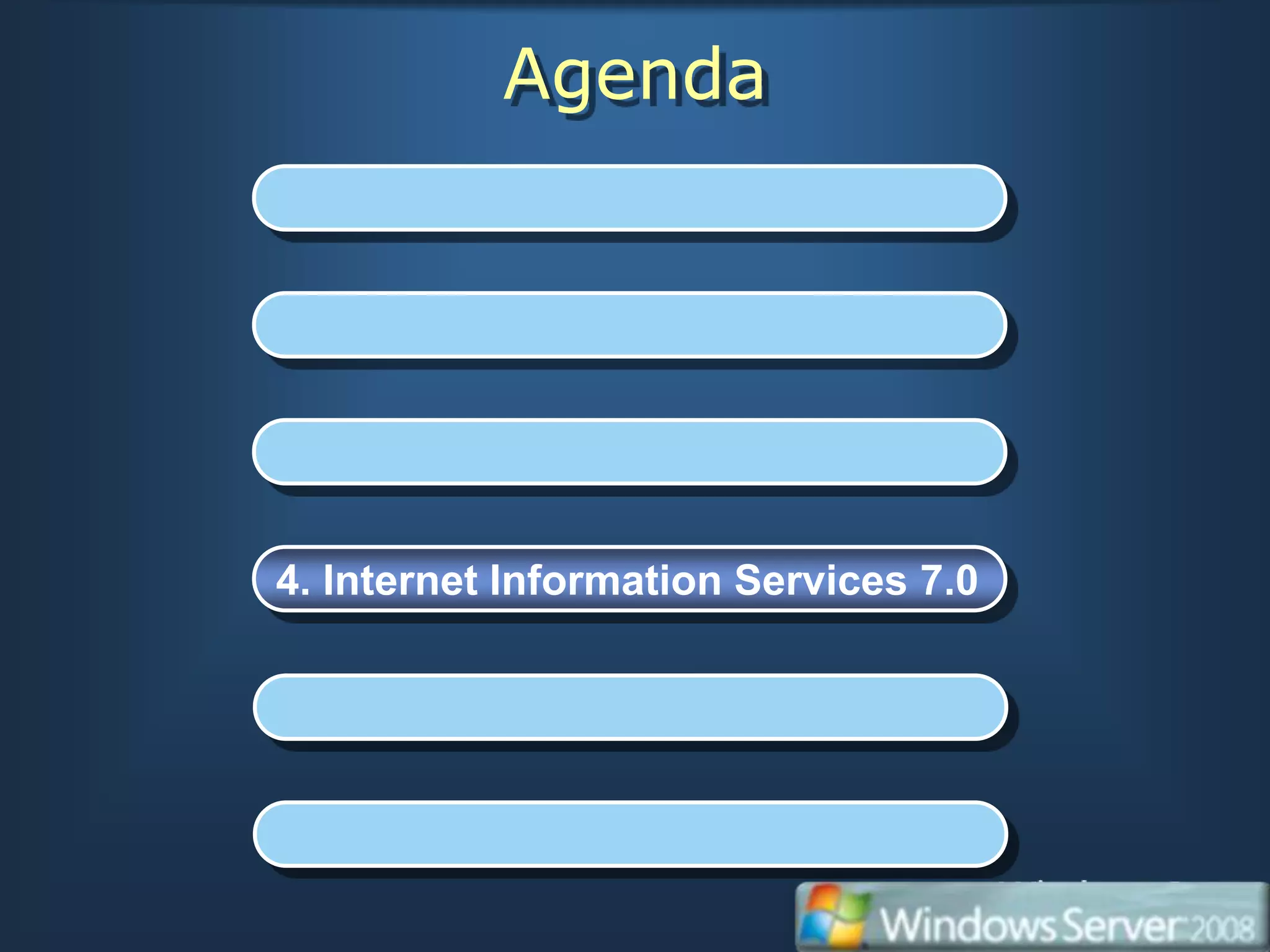 Agenda
1. Introducción


2. Instalación de Windows


3. Administración del Servidor


4. Internet Information Services 7.0


5. Virtualización


6. Windows Power Shell
 