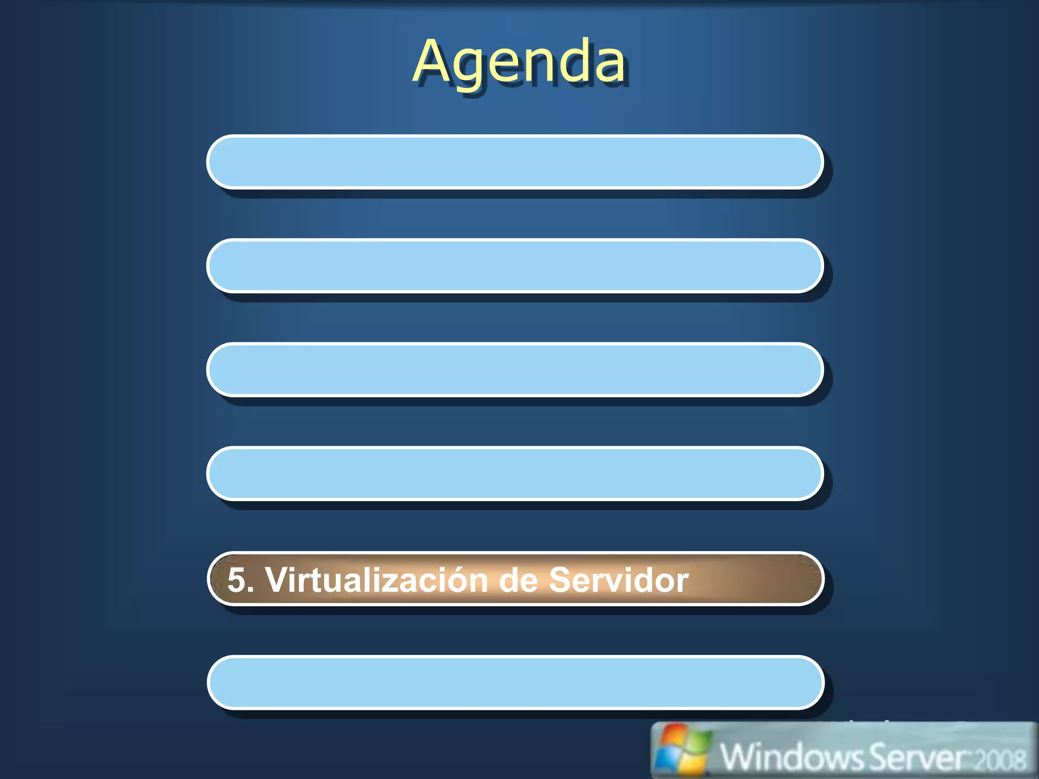 Agenda
1. Introducción


2. Instalación de Windows


3. Administración del Servidor


4. Internet Information Services 7.0


5. Virtualización de Servidor


6. Windows Power Shell
 