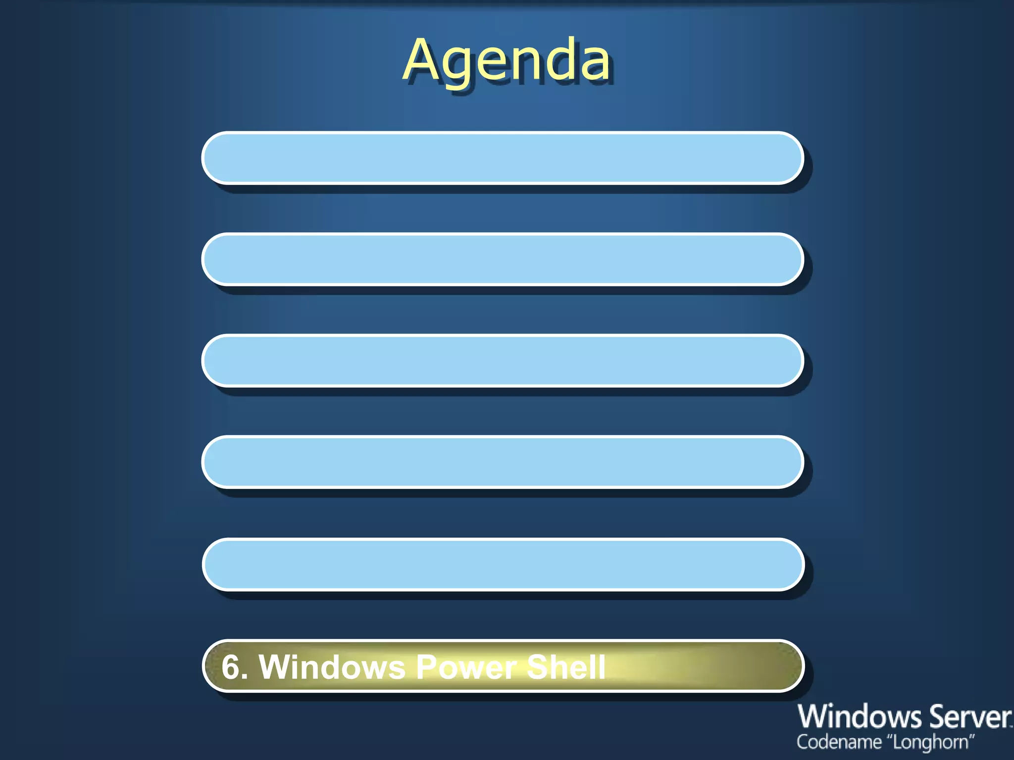 Agenda
1. Introducción


2. Instalación de Windows


3. Administración del Servidor


4. Internet Information Services 7.0


5. Virtualización


6. Windows Power Shell
 
