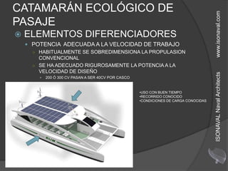 CATAMARÁN ECOLÓGICO DE




                                                                                        www.isonaval.com
PASAJE
   ELEMENTOS DIFERENCIADORES
     POTENCIA ADECUADA A LA VELOCIDAD DE TRABAJO
      ○ HABITUALMENTE SE SOBREDIMENSIONA LA PROPULASION
        CONVENCIONAL
      ○ SE HA ADECUADO RIGUROSAMENTE LA POTENCIA A LA
        VELOCIDAD DE DISEÑO




                                                                                        ISONAVAL Naval Architects
           200 Ó 300 CV PASAN A SER 40CV POR CASCO


                                                      •USO CON BUEN TIEMPO
                                                      •RECORRIDO CONOCIDO
                                                      •CONDICIONES DE CARGA CONOCIDAS
 