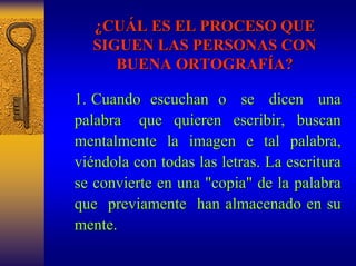 ¿CU CUÁL ES EL PROCESO QUE 
L SIGUEN LAS PERSONAS CON 
BUENA ORTOGRAF ORTOGRAFÍA? A? 
1. Cuando escuchan o se dicen una 
palabra que quieren escribir, buscan 
mentalmente la imagen e tal palabra, 
vi viéndola con todas las letras. La escritura 
ndola se convierte en una "copia" de la palabra 
que previamente han almacenado en su 
mente. 
 