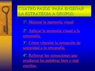 CUATRO PASOS PARA ENSEÑAR 
LA ESTRATEGIA A GRUPOS: 
1º. Mejorar la memoria visual 
2º. Aplicar la memoria visual a la 
ortografía. 
3º. Cómo vincular la sensación de 
seguridad a la ortografía. 
4º. Reforzar las sensaciones que 
producen las palabras bien o mal 
escritas. 
 