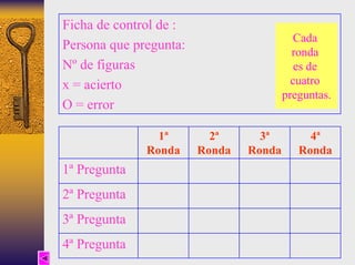 Ficha de control de : 
Persona que pregunta: 
Nº de figuras 
x = acierto 
O = error 
Cada 
ronda 
es de 
cuatro 
preguntas. 
4ª Pregunta 
3ª Pregunta 
2ª Pregunta 
1ª Pregunta 
4ª Ronda 
3ª Ronda 
2ª Ronda 
1ª Ronda  