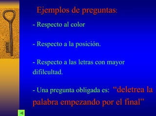 Ejemplos de preguntas preguntas: 
-Respecto al color 
-Respecto a la posición. 
-Respecto a las letras con mayor difilcultad. 
-Una pregunta obligada es: “deletrea la 
palabra empezando por el final” 
 