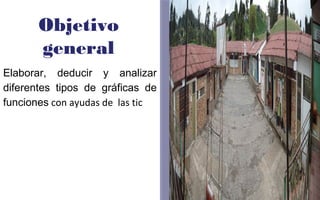 Objetivo 
general 
Elaborar, deducir y analizar 
diferentes tipos de gráficas de 
funciones con ayudas de las tic 
FOTOGRAFIA 
AMPLIADA AL 
RECUADRO ROJO 
 