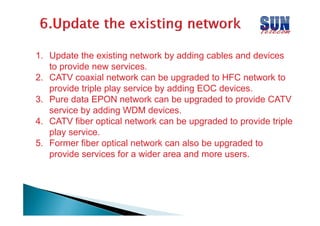 1. Update the existing network by adding cables and devices
to provide new services.
2. CATV coaxial network can be upgraded to HFC network to
provide triple play service by adding EOC devices
devices.
3. Pure data EPON network can be upgraded to provide CATV
service by adding WDM devices.
4. CATV fiber optical network can be upgraded to provide triple
play service.
5. Former fiber optical network can also be upgraded to
provide services for a wider area and more users.

 