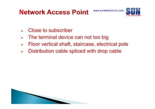 www.suntelecom-cn.com

Close to subscriber
The terminal device can not too big
Floor vertical shaft, staircase, electrical pole
f
Distribution cable spliced with drop cable

 