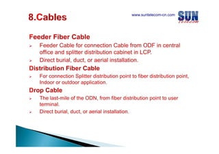 www.suntelecom-cn.com

Feeder Fiber Cable
Feeder Cable for connection Cable from ODF in central
office and splitter distribution cabinet in LCP.
Direct burial duct, or aerial installation.
burial, duct
installation

Distribution Fiber Cable
For connection Splitter distribution point to fiber distribution point
point,
Indoor or outdoor application.

Drop Cable
The last-mile of the ODN, from fiber distribution point to user
terminal.
Direct burial duct, or aerial installation.
installation
burial, duct

 