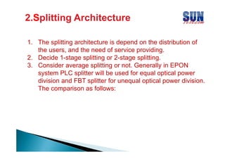 2.S
2.Splitting Architecture
1.
1 The splitting architecture is depend on the distribution of
the users, and the need of service providing.
2. Decide 1-stage splitting or 2-stage splitting.
3. Consider average splitting or not. Generally in EPON
system PLC splitter will be used for equal optical power
division
di ision and FBT splitter for unequal optical po er di ision
neq al
power division.
The comparison as follows:

 