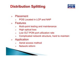 Placement
POS Located in LCP and NAP

Features
F t
Multi-point testing and maintenance
High ti l loss
Hi h optical l
Low OLT PON port utilization rate
Complicated net ork str ct re hard to maintain
network structure,

Application
A i l access method
th d
Aerial
Network reform

 