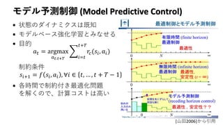 モデル予測制御 (Model Predictive Control)
• 状態のダイナミクスは既知
• モデルベース強化学習とみなせる
• 目的
制約条件
• 各時間で制約付き最適化問題
を解くので、計算コストは高い
𝑎 𝑡 = argmax
𝑎 𝑡:𝑡+𝑇
෍
𝑖=𝑡
𝑡+𝑇
𝑟𝑐(𝑠𝑖, 𝑎𝑖)
𝑠𝑖+1 = 𝑓 𝑠𝑖, 𝑎𝑖 , ∀𝑖 ∈ 𝑡, … , 𝑡 + 𝑇 − 1
[山田2006]から引用
 