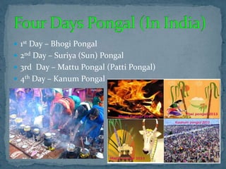  1st Day – Bhogi Pongal
 2nd Day – Suriya (Sun) Pongal
 3rd Day – Mattu Pongal (Patti Pongal)
 4th Day – Kanum Pongal
 