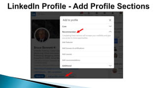 LinkedIn offers a
few new “custom”
banners
Use relevant image
of your profession
or brand
1600 x 400 pixels is
suggested b...