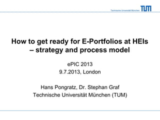 Technische Universität München
How to get ready for E-Portfolios at HEIs
– strategy and process model
ePIC 2013
9.7.2013, London
Hans Pongratz, Dr. Stephan Graf
Technische Universität München (TUM)
 