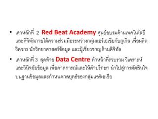• เสาหลักที่ 2 Red Beat Academy ศูนย์อบรมด้านเทคโนโลยี
และดิจิทัลภายใต้ความร่วมมือระหว่างกลุ่มแอร์เอเชียกับกูเกิล เพื่อผลิต
วิศวกร นักวิทยาศาสตร์ข้อมูล และผู้เชี่ยวชาญด้านดิจิทัล
• เสาหลักที่ 3 สุดท้าย Data Centre ทาหน้าที่รวบรวม วิเคราะห์
และวินิจฉัยข้อมูล เพื่อคาดการณ์และให้คาปรึกษา นาไปสู่การตัดสินใจ
บนฐานข้อมูลและกาหนดกลยุทธ์ของกลุ่มแอร์เอเชีย
 
