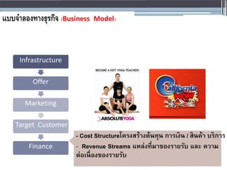 แบบจำลองทำงธุรกิจ (Business Model)
Infrastructure
Offer
Marketing
Target Customer
- Cost Structureโครงสร้างต้นทุน การเงิน / สินค้า บริการ
Finance - Revenue Streams แหล่งที่มาของรายรับ และ ความ
ต่อเนื่องของรายรับ
 