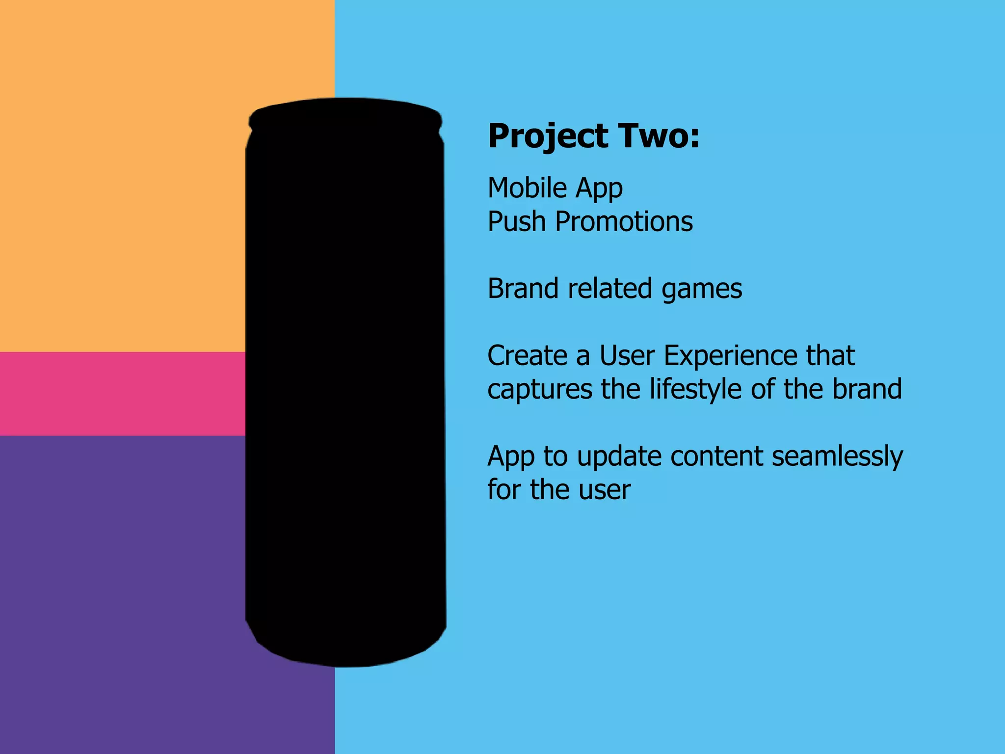 Project Two:
Mobile App
Push Promotions
Brand related games
Create a User Experience that
captures the lifestyle of the brand
App to update content seamlessly
for the user
 