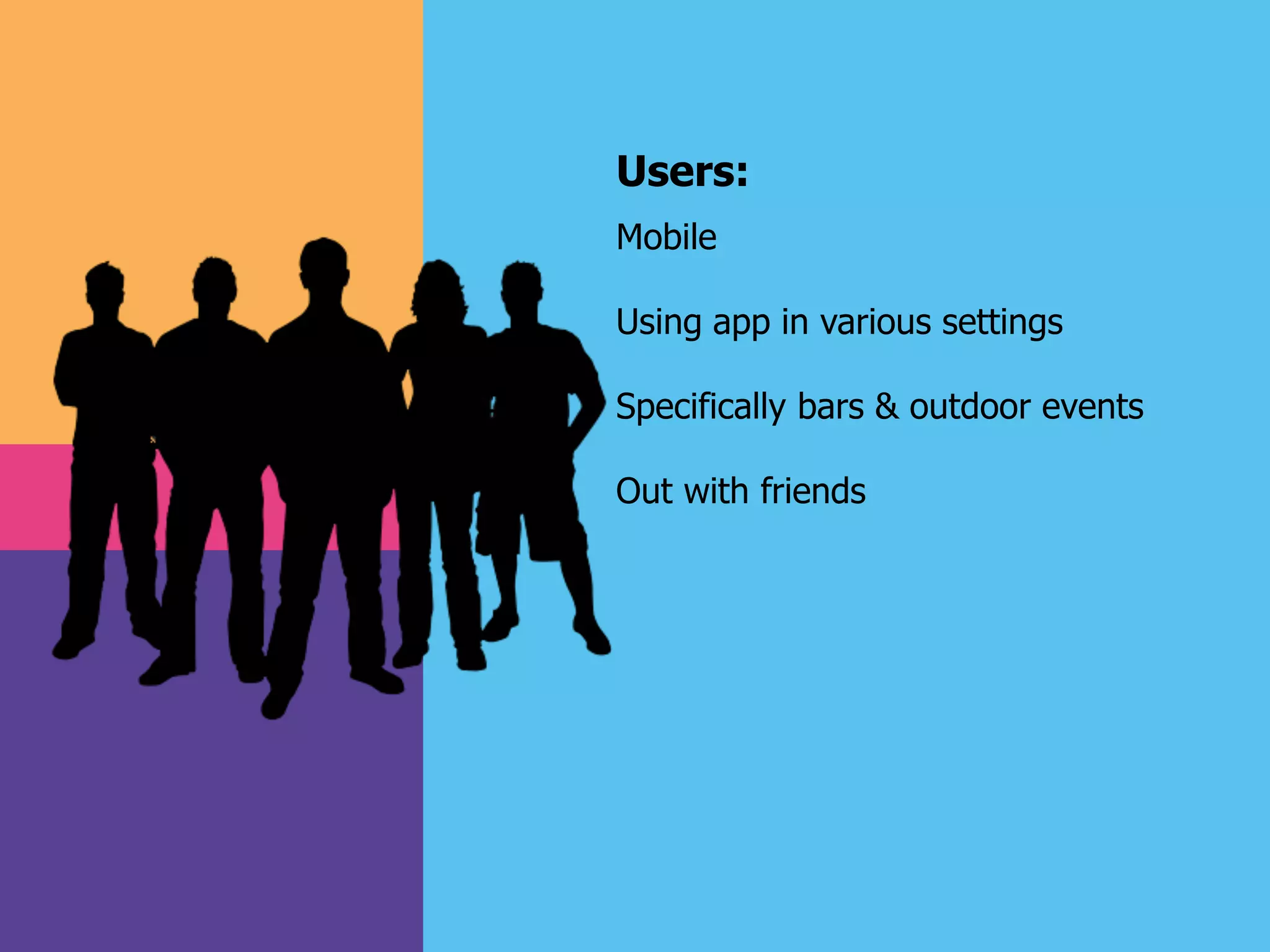 Users:
Mobile
Using app in various settings
Specifically bars & outdoor events
Out with friends
 