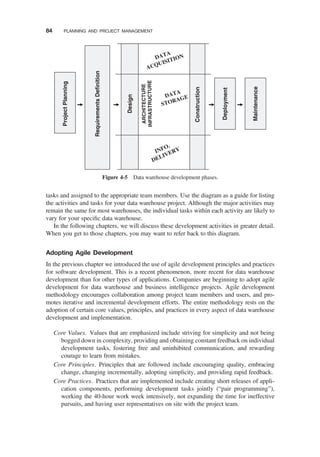 tasks and assigned to the appropriate team members. Use the diagram as a guide for listing
the activities and tasks for your data warehouse project. Although the major activities may
remain the same for most warehouses, the individual tasks within each activity are likely to
vary for your speciﬁc data warehouse.
In the following chapters, we will discuss these development activities in greater detail.
When you get to those chapters, you may want to refer back to this diagram.
Adopting Agile Development
In the previous chapter we introduced the use of agile development principles and practices
for software development. This is a recent phenomenon, more recent for data warehouse
development than for other types of applications. Companies are beginning to adopt agile
development for data warehouse and business intelligence projects. Agile development
methodology encourages collaboration among project team members and users, and pro-
motes iterative and incremental development efforts. The entire methodology rests on the
adoption of certain core values, principles, and practices in every aspect of data warehouse
development and implementation.
Core Values. Values that are emphasized include striving for simplicity and not being
bogged down in complexity, providing and obtaining constant feedback on individual
development tasks, fostering free and uninhibited communication, and rewarding
courage to learn from mistakes.
Core Principles. Principles that are followed include encouraging quality, embracing
change, changing incrementally, adopting simplicity, and providing rapid feedback.
Core Practices. Practices that are implemented include creating short releases of appli-
cation components, performing development tasks jointly (“pair programming”),
working the 40-hour work week intensively, not expanding the time for ineffective
pursuits, and having user representatives on site with the project team.
Project
Planning
Requirements
Definition
Design
Construction
Maintenance
Deployme
nt
DATA
STORAGE
DATA
ACQUISITION
INFO.
DELIVERY
ARCHITE
CTURE
INFRAST
RUCTUR
E
Figure 4-5 Data warehouse development phases.
84 PLANNING AND PROJECT MANAGEMENT
 