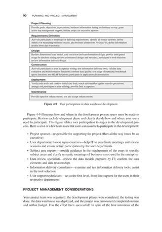 Figure 4-9 illustrates how and where in the development process users must be made to
participate. Review each development phase and clearly decide how and where your users
need to participate. This ﬁgure relates user participation to stages in the development pro-
cess. Here is a list of a few team roles that users can assume to participate in the development:
† Project sponsor—responsible for supporting the project effort all the way (must be an
executive)
† User department liaison representatives—help IT to coordinate meetings and review
sessions and ensure active participation by the user departments
† Subject area experts—provide guidance in the requirements of the users in speciﬁc
subject areas and clarify semantic meanings of business terms used in the enterprise
† Data review specialists—review the data models prepared by IT; conﬁrm the data
elements and data relationships
† Information delivery consultants—examine and test information delivery tools; assist
in the tool selection
† User support technicians—act as the ﬁrst-level, front-line support for the users in their
respective departments
PROJECT MANAGEMENT CONSIDERATIONS
Your project team was organized, the development phases were completed, the testing was
done, the data warehouse was deployed, and the project was pronounced completed on time
and within budget. Has the effort been successful? In spite of the best intentions of the
Project Planning
Requirements Definition
Design
Construction
Deployment
Maintenance
Provide goals, objectives, expectations, business information during preliminary survey; grant
active top management support; initiate project as executive sponsor.
Actively participate in meetings for defining requirements; identify all source systems; define
metrics for measuring business success, and business dimensions for analysis; define information
needed from data warehouse.
Review dimensional data model, data extraction and transformation design; provide anticipated
usage for database sizing; review architectural design and metadata; participate in tool selection;
review information delivery design.
Actively participate in user acceptance testing; test information delivery tools; validate data
extraction and transformation functions; confirm data quality; test usage of metadata; benchmark
query functions; test OLAP functions; participate in application documentation.
Verify audit trails and confirm initial data load; match deliverables against stated expectations;
arrange and participate in user training; provide final acceptance.
Provide input for enhancements; test and accept enhancements.
Figure 4-9 User participation in data warehouse development.
90 PLANNING AND PROJECT MANAGEMENT
 