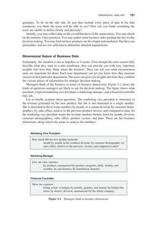 quandary. To be on the safe side, do you then include every piece of data in the data
warehouse you think the users will be able to use? How can you build something the
users are unable to deﬁne clearly and precisely?
Initially, you may collect data on the overall business of the organization. You may check
on the industry’s best practices. You may gather some business rules guiding the day-to-day
decision making. You may ﬁnd out how products are developed and marketed. But these are
generalities and are not sufﬁcient to determine detailed requirements.
Dimensional Nature of Business Data
Fortunately, the situation is not as hopeless as it seems. Even though the users cannot fully
describe what they want in a data warehouse, they can provide you with very important
insights into how they think about the business. They can tell you what measurement
units are important for them. Each user department can let you know how they measure
success in that particular department. The users can give you insights into how they combine
the various pieces of information for strategic decision making.
Managers think of the business in terms of business dimensions. Figure 5-1 shows the
kinds of questions managers are likely to ask for decision making. The ﬁgure shows what
questions a typical marketing vice president, a marketing manager, and a ﬁnancial controller
may ask.
Let us brieﬂy examine these questions. The marketing vice president is interested in
the revenue generated by her new product, but she is not interested in a single number.
She is interested in the revenue numbers by month, in a certain division, by customer demo-
graphics, by sales ofﬁce, relative to the previous product version, and compared to plan. So
the marketing vice president wants the revenue numbers broken down by month, division,
customer demographics, sales ofﬁce, product version, and plan. These are her business
dimensions along which she wants to analyze her numbers.
How much did my new product generate
month by month, in the southern division, by customer demographic, by
sales office, relative to the previous version, and compared to plan?
Give me sales statistics
by products, summarized by product categories, daily, weekly, and
monthly, by sale districts, by distribution channels.
Show me expenses
listing actual vs budget, by months, quarters, and annual, by budget line
items, by district, division, summarized for the whole company.
Marketing Manager
Marketing Vice President
Financial Controller
Figure 5-1 Managers think in business dimensions.
DIMENSIONAL ANALYSIS 101
 