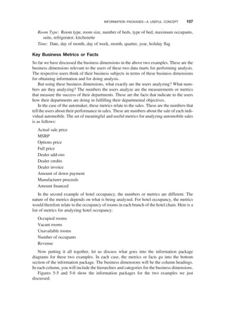 Room Type: Room type, room size, number of beds, type of bed, maximum occupants,
suite, refrigerator, kitchenette
Time: Date, day of month, day of week, month, quarter, year, holiday ﬂag
Key Business Metrics or Facts
So far we have discussed the business dimensions in the above two examples. These are the
business dimensions relevant to the users of these two data marts for performing analysis.
The respective users think of their business subjects in terms of these business dimensions
for obtaining information and for doing analysis.
But using these business dimensions, what exactly are the users analyzing? What num-
bers are they analyzing? The numbers the users analyze are the measurements or metrics
that measure the success of their departments. These are the facts that indicate to the users
how their departments are doing in fulﬁlling their departmental objectives.
In the case of the automaker, these metrics relate to the sales. These are the numbers that
tell the users about their performance in sales. These are numbers about the sale of each indi-
vidual automobile. The set of meaningful and useful metrics for analyzing automobile sales
is as follows:
Actual sale price
MSRP
Options price
Full price
Dealer add-ons
Dealer credits
Dealer invoice
Amount of down payment
Manufacturer proceeds
Amount ﬁnanced
In the second example of hotel occupancy, the numbers or metrics are different. The
nature of the metrics depends on what is being analyzed. For hotel occupancy, the metrics
would therefore relate to the occupancy of rooms in each branch of the hotel chain. Here is a
list of metrics for analyzing hotel occupancy:
Occupied rooms
Vacant rooms
Unavailable rooms
Number of occupants
Revenue
Now putting it all together, let us discuss what goes into the information package
diagrams for these two examples. In each case, the metrics or facts go into the bottom
section of the information package. The business dimensions will be the column headings.
In each column, you will include the hierarchies and categories for the business dimensions.
Figures 5-5 and 5-6 show the information packages for the two examples we just
discussed.
INFORMATION PACKAGES—A USEFUL CONCEPT 107
 